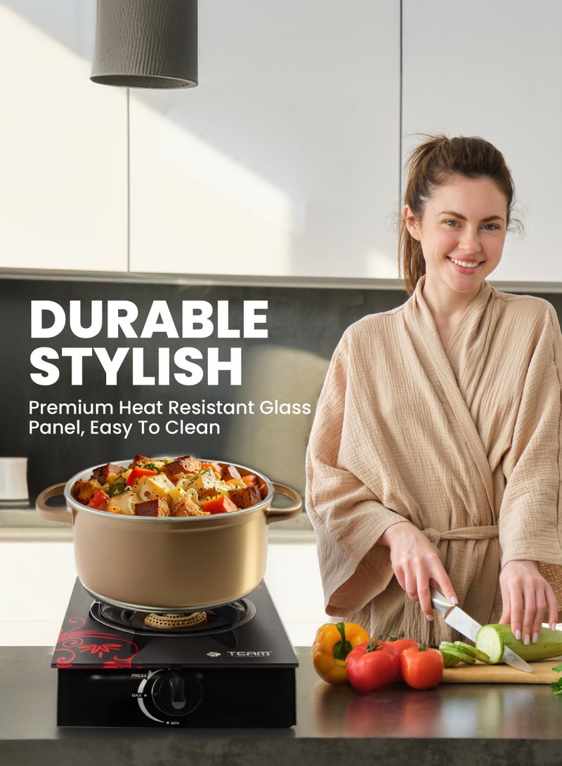 TEAM Glass Top Gas Stove Single Burner | Automatic Ignition | Low Gas Consumption | High‑Efficiency Steel Frame | LPG Gas Cooktop with Detachable  Cleaning Tray | Durable Glass Panel Stove - Image 2